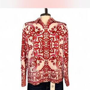 Rachel Zoe Red and White Baroque Print Button up Blouse Sz M